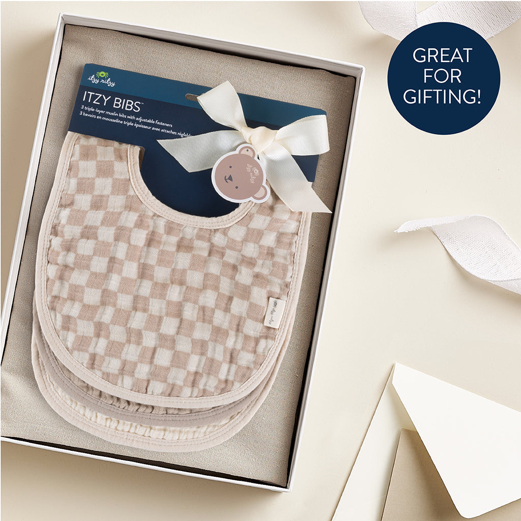 Itzy Muslin Bibs Taupe Checkerboard